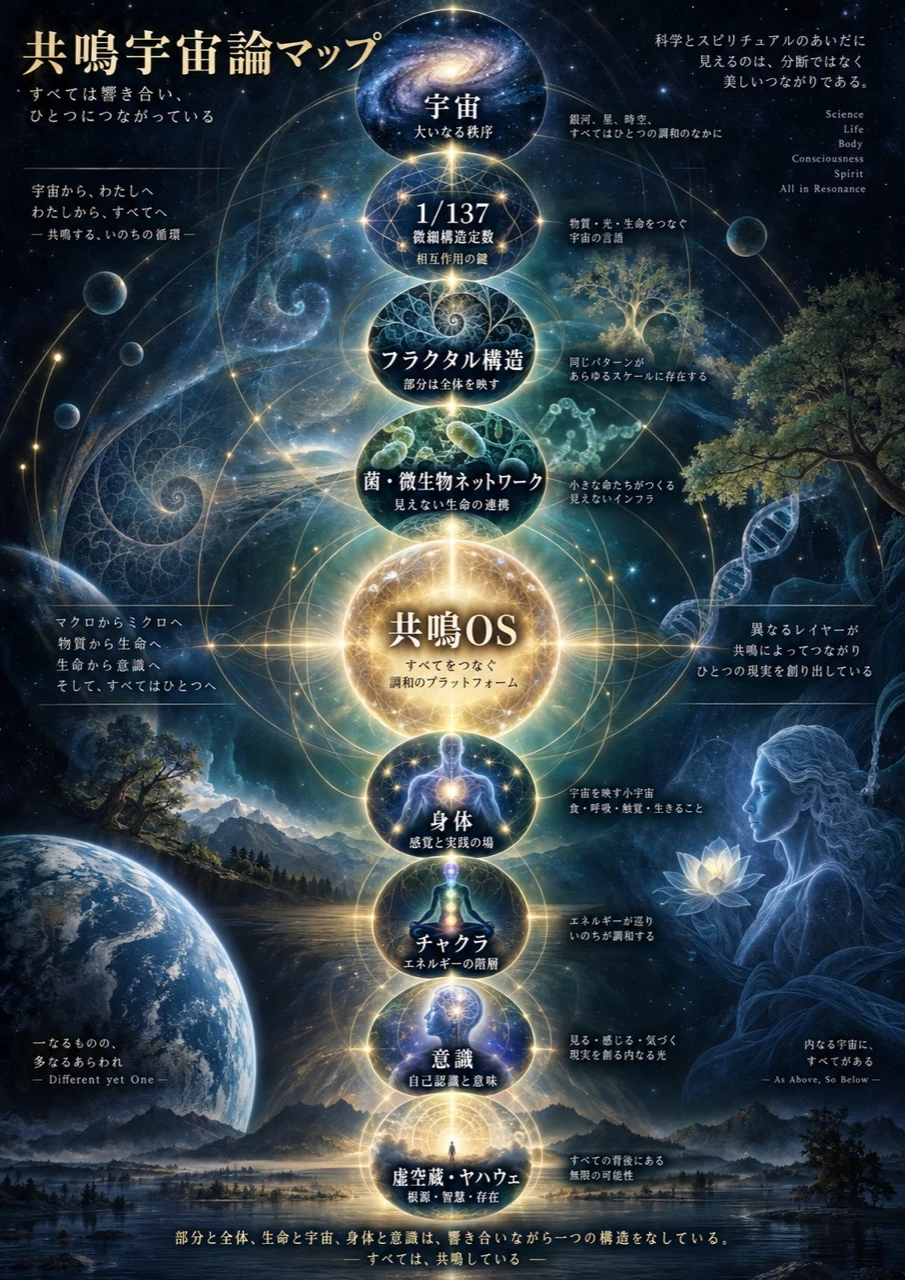 宇宙、1/137、フラクタル、菌、身体、チャクラ、意識、虚空蔵・ヤハウェを共鳴OSでつなぐ共鳴宇宙論マップ